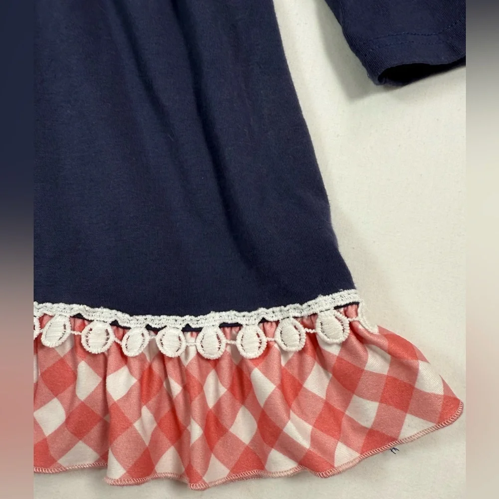PIGGY FRIENDS Girls Pig Applique Ruffle Dress L 5/6 Gingham Farm‎ Cowgirl 4-H